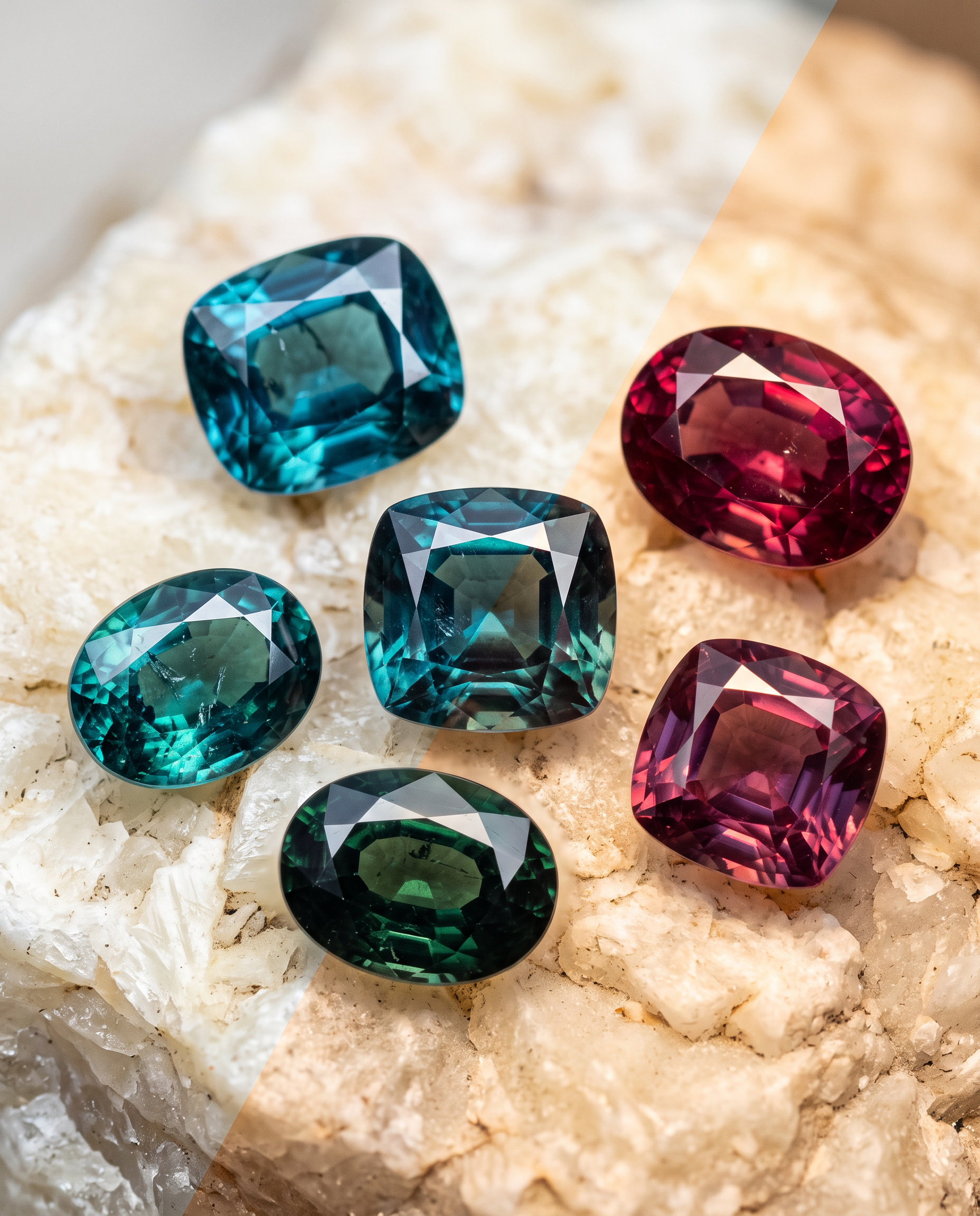 Loose natural Alexandrite gemstones in multiple colors
