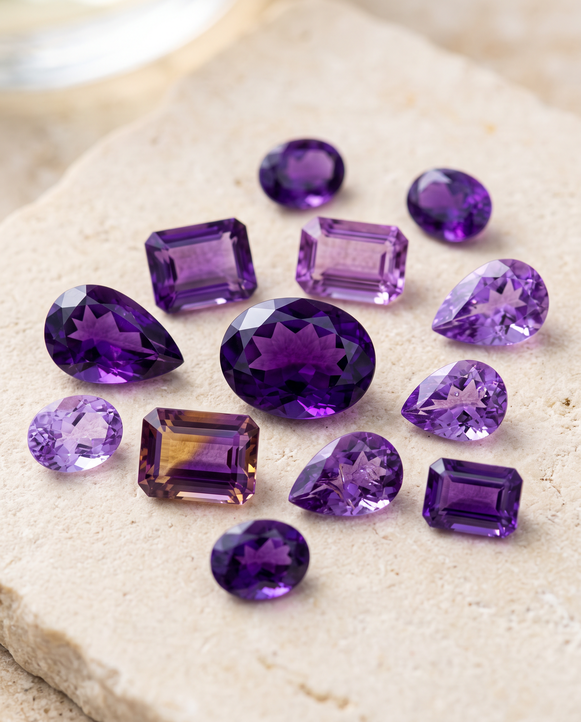 Natural amethyst gemstones in violet tones
