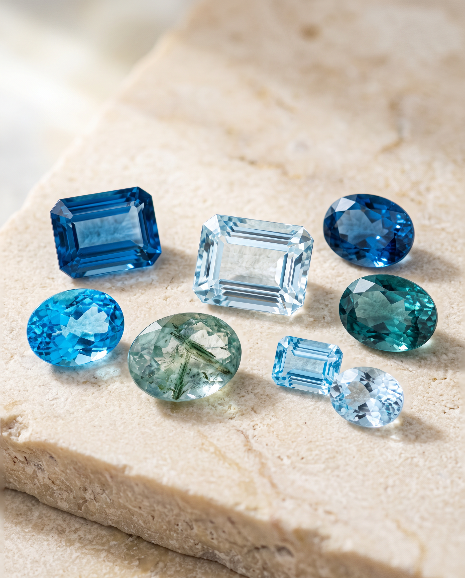 Natural aquamarines in blue and blue green tones