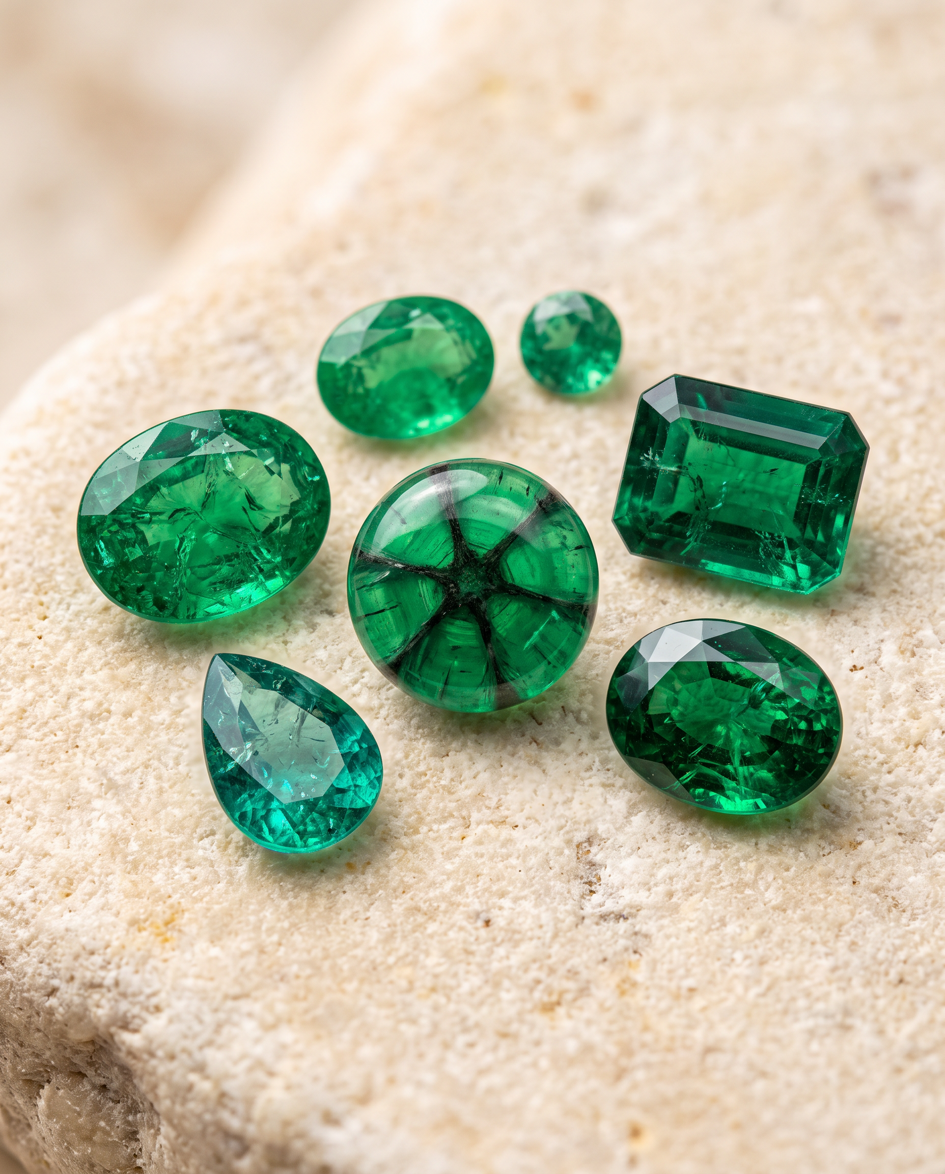 Natural emeralds showing green varieties and inclusions