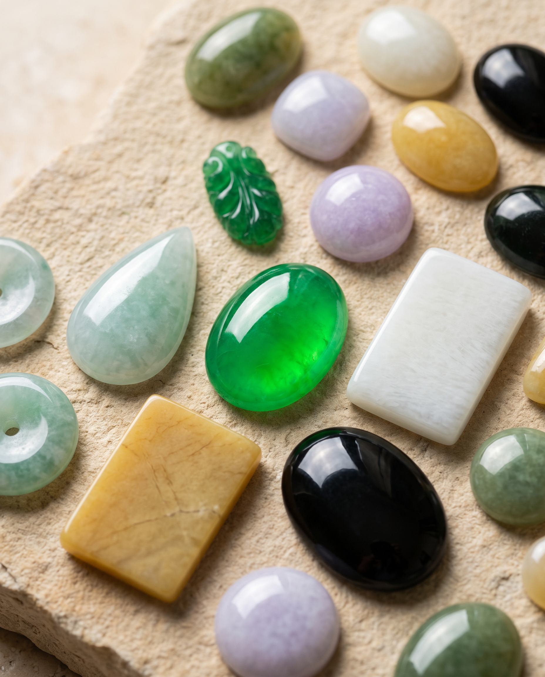 Natural jade in green white and lavender tones