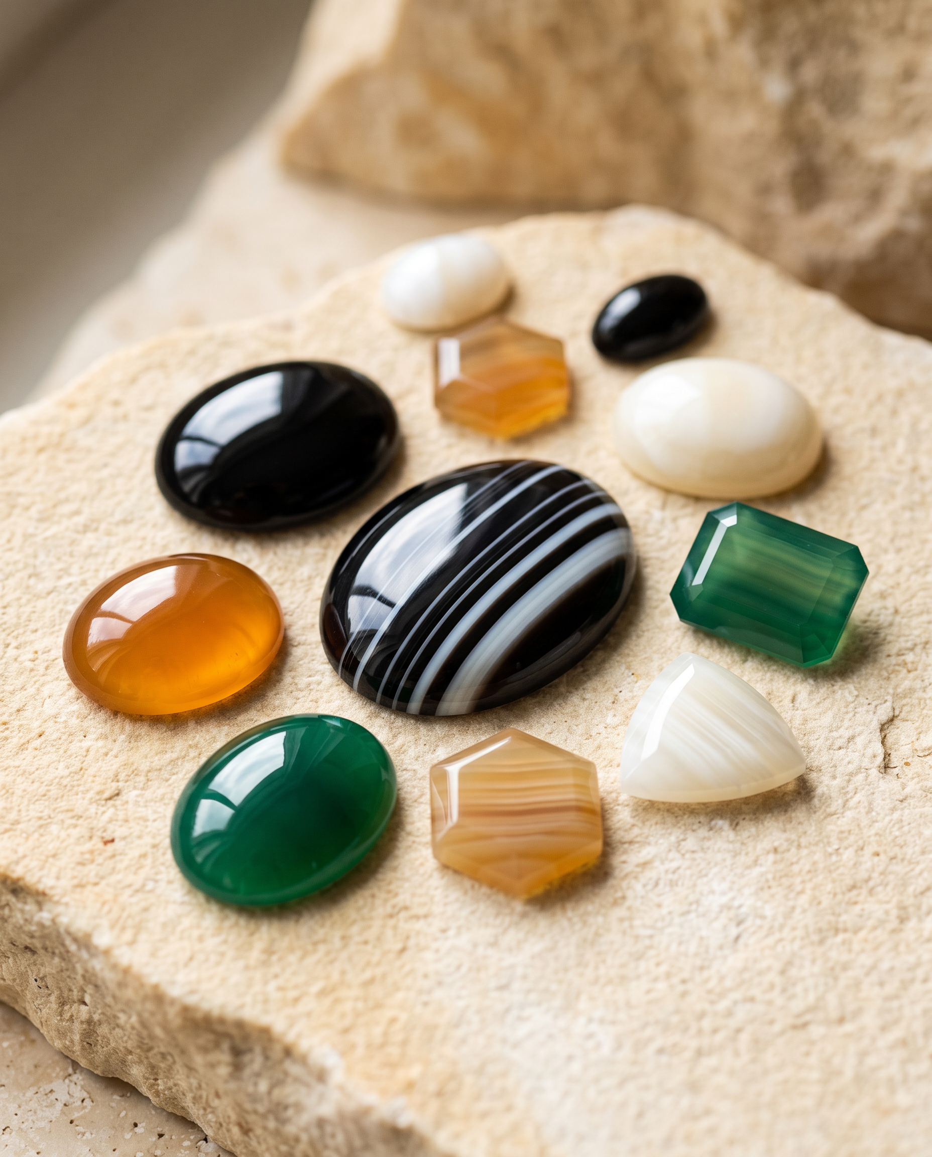 Loose natural Onyx gemstones in multiple colors