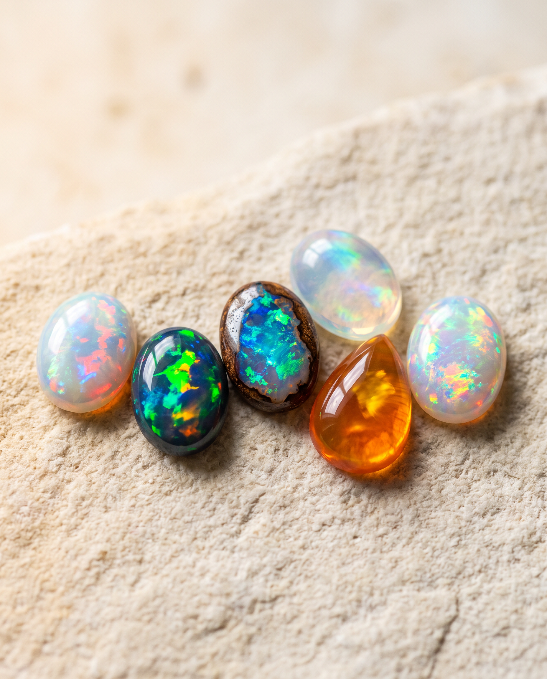 Natural opal cabochons showing play of color