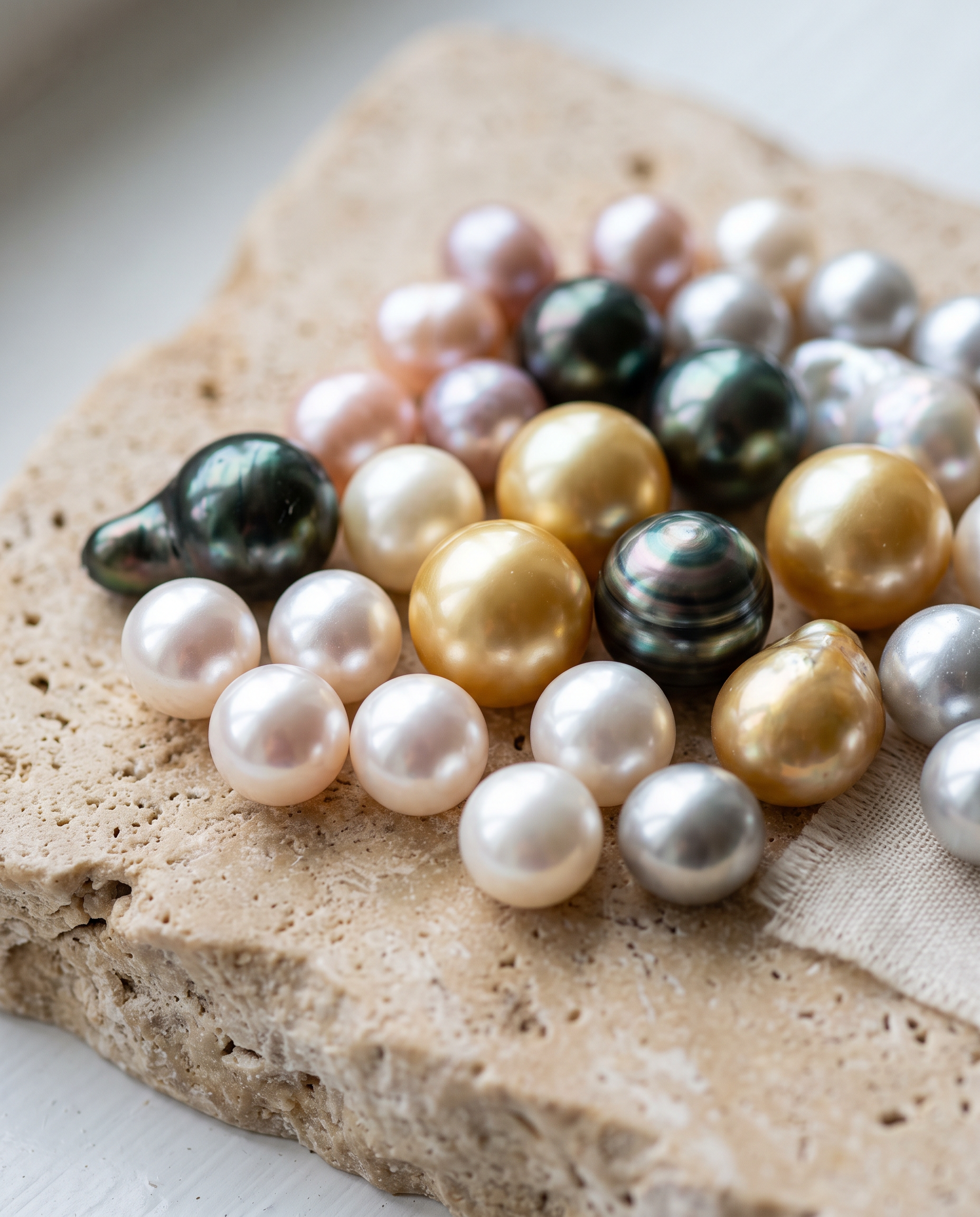 Luminous pearls arranged on warm stone