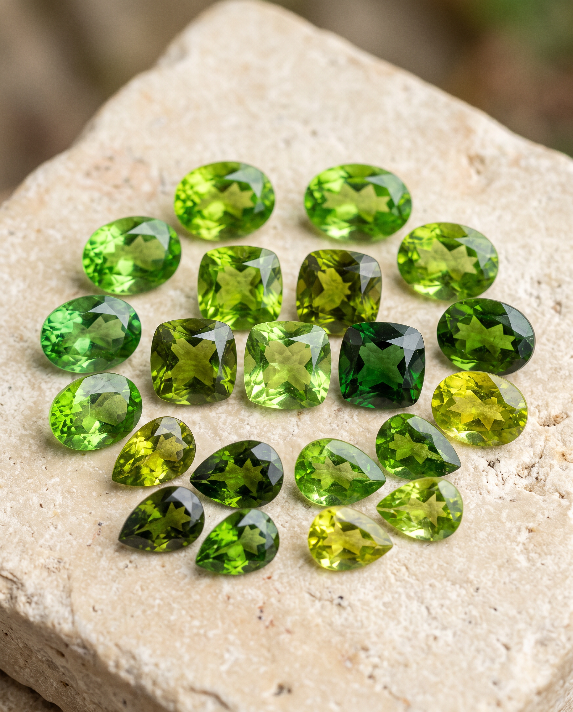 Loose natural Peridot gemstones in multiple colors