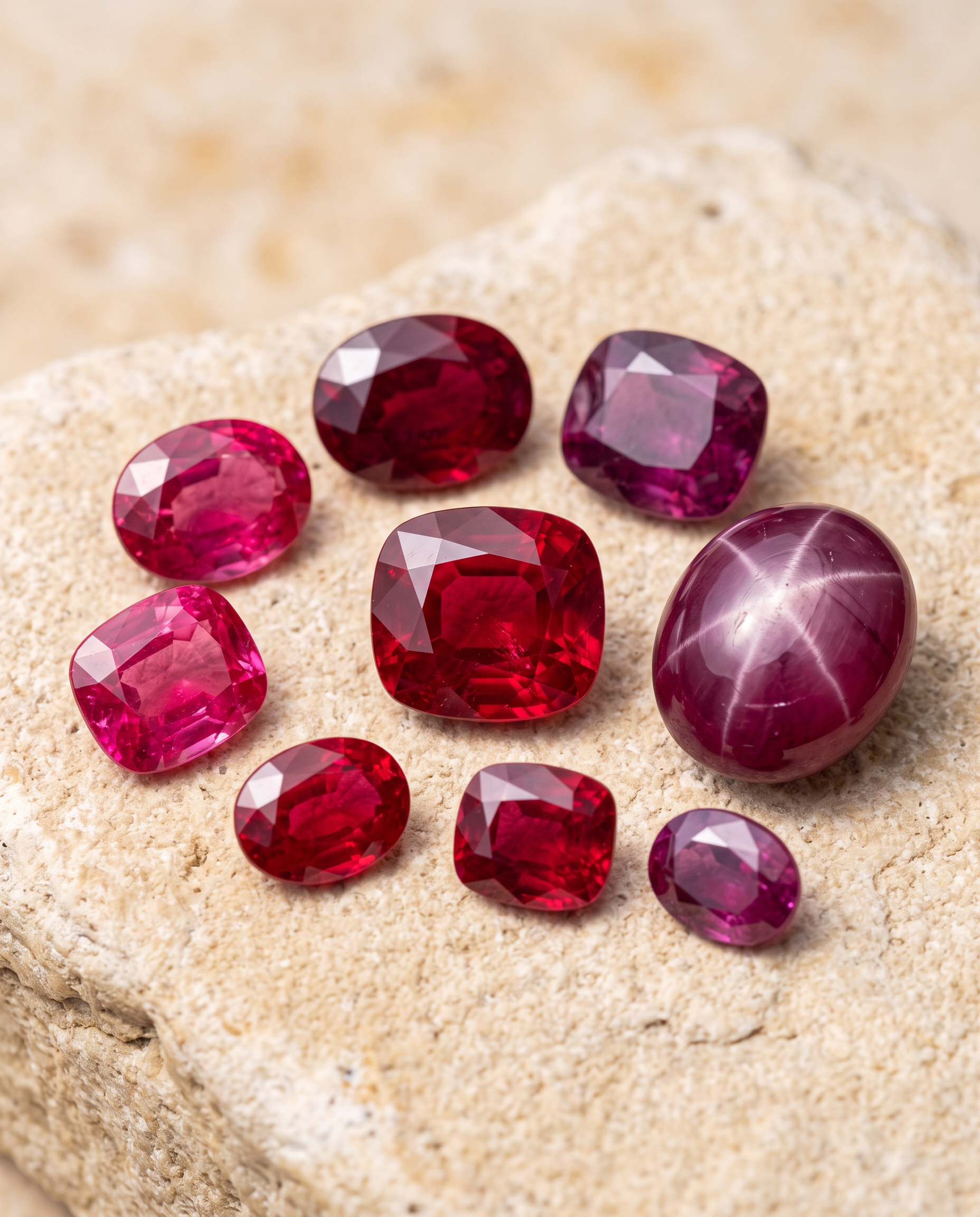 Natural red rubies in several cuts