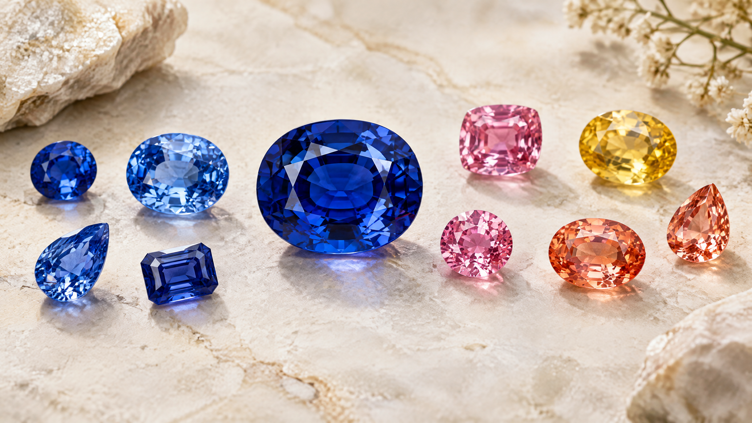 Natural sapphires in blue pink green and yellow colors
