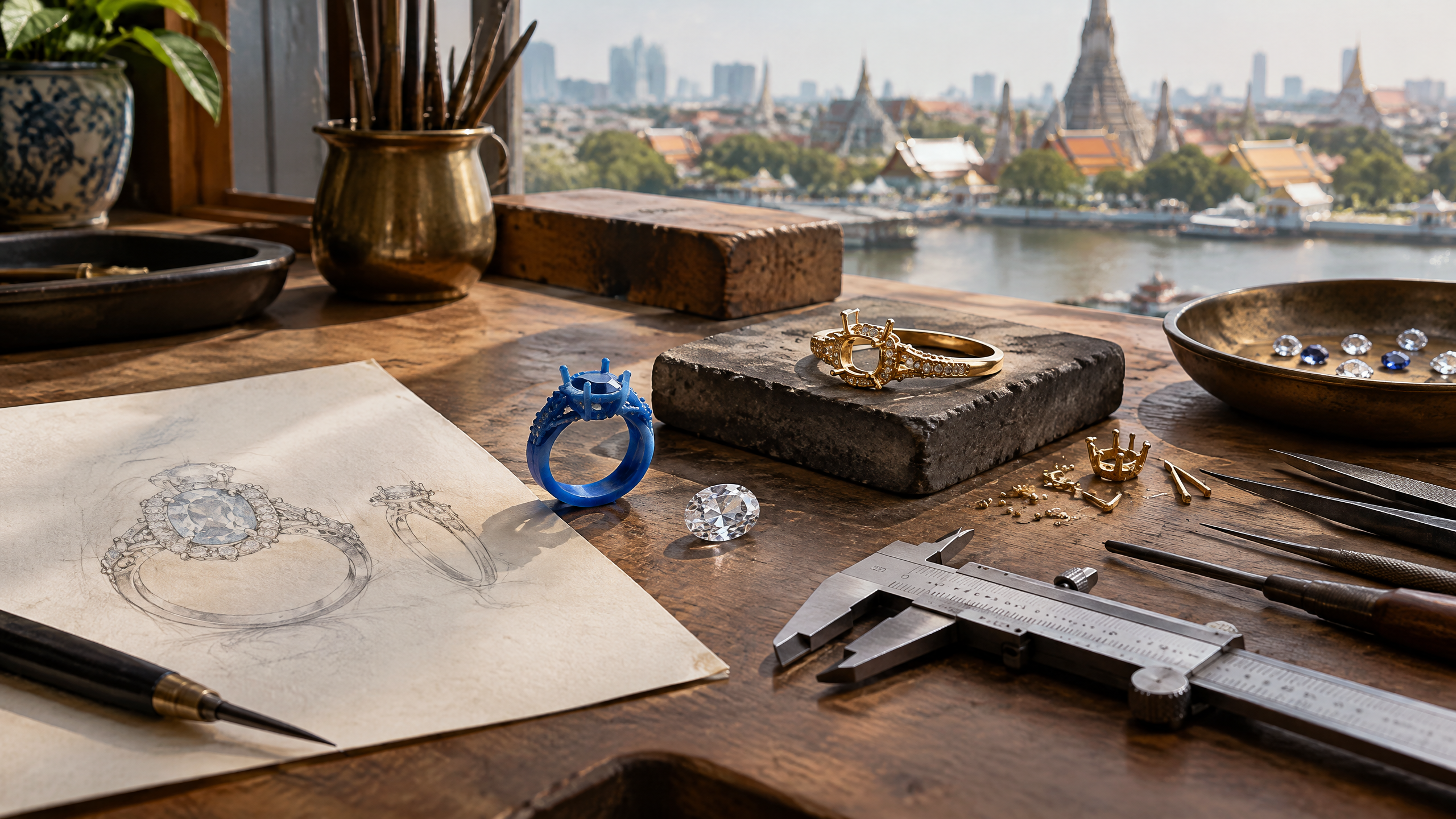 Jewelry artisan working in the Bangkok studio