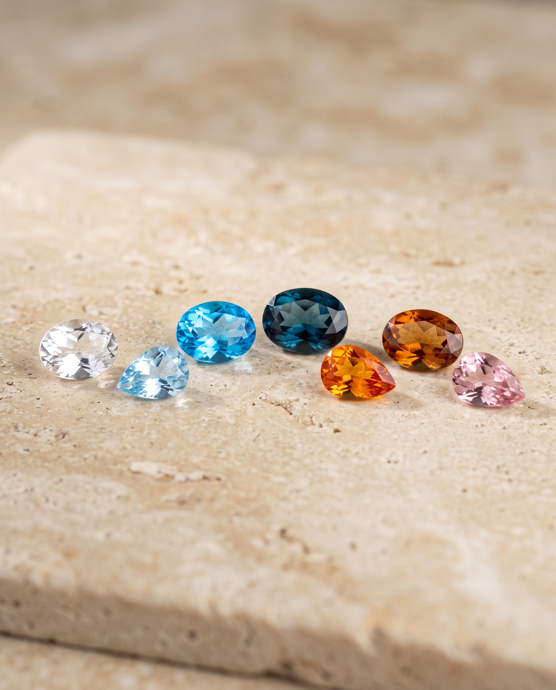 Loose natural Topaz gemstones in multiple colors