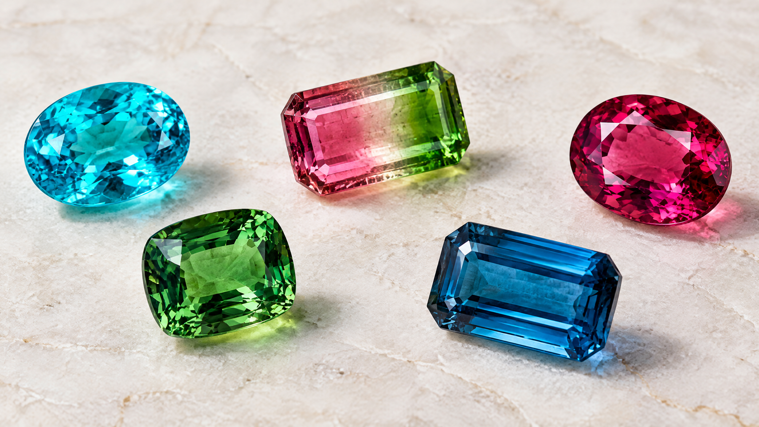 Natural tourmalines in green blue red and pink tones