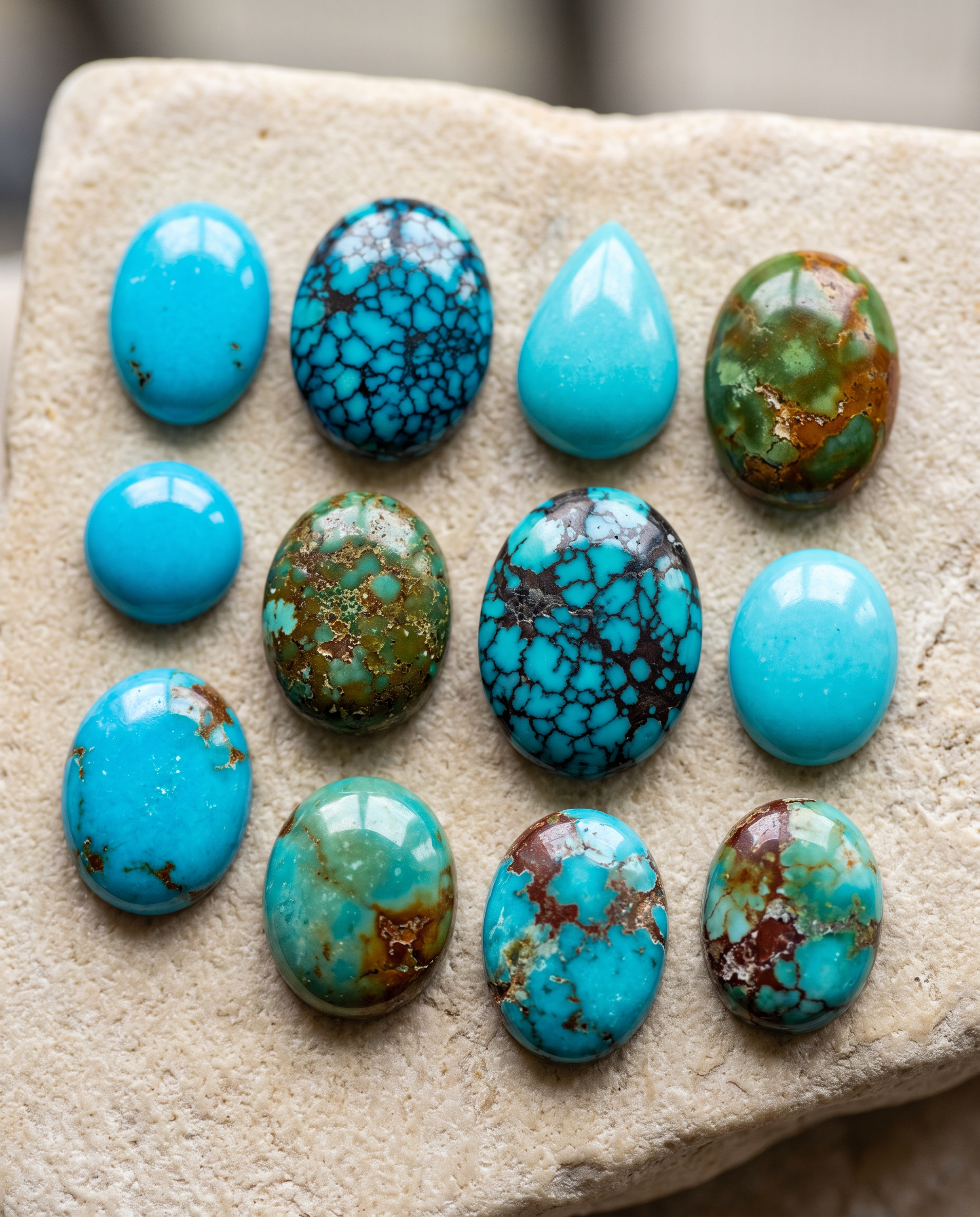 Loose natural Turquoise gemstones in multiple colors
